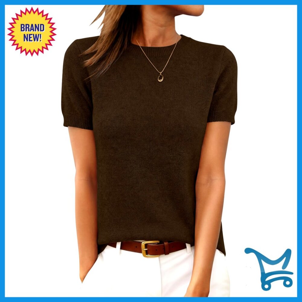 100% Wool Short Sleeve Pullover Sweater, Regular Fit, Work Casual Top